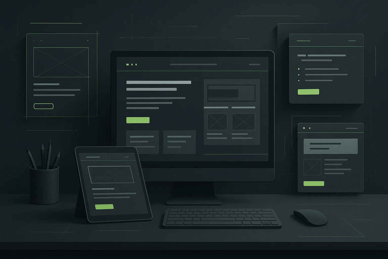Diseño web responsivo mostrado en computadora, tablet y dispositivos múltiples, con estilo moderno en fondo oscuro