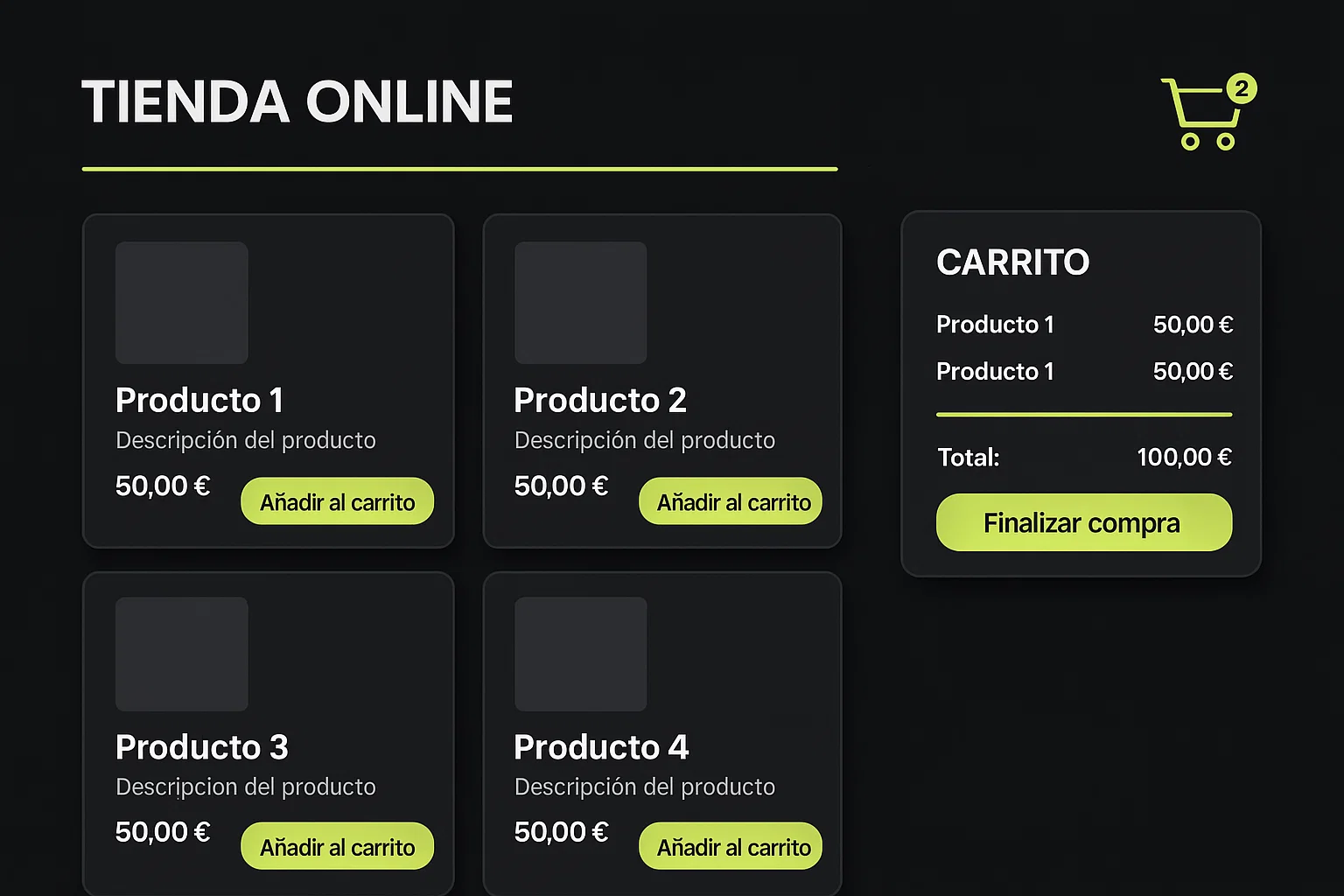 Vista de una tienda online con productos listados, carrito de compras y botón de finalizar compra, con diseño moderno en fondo oscuro