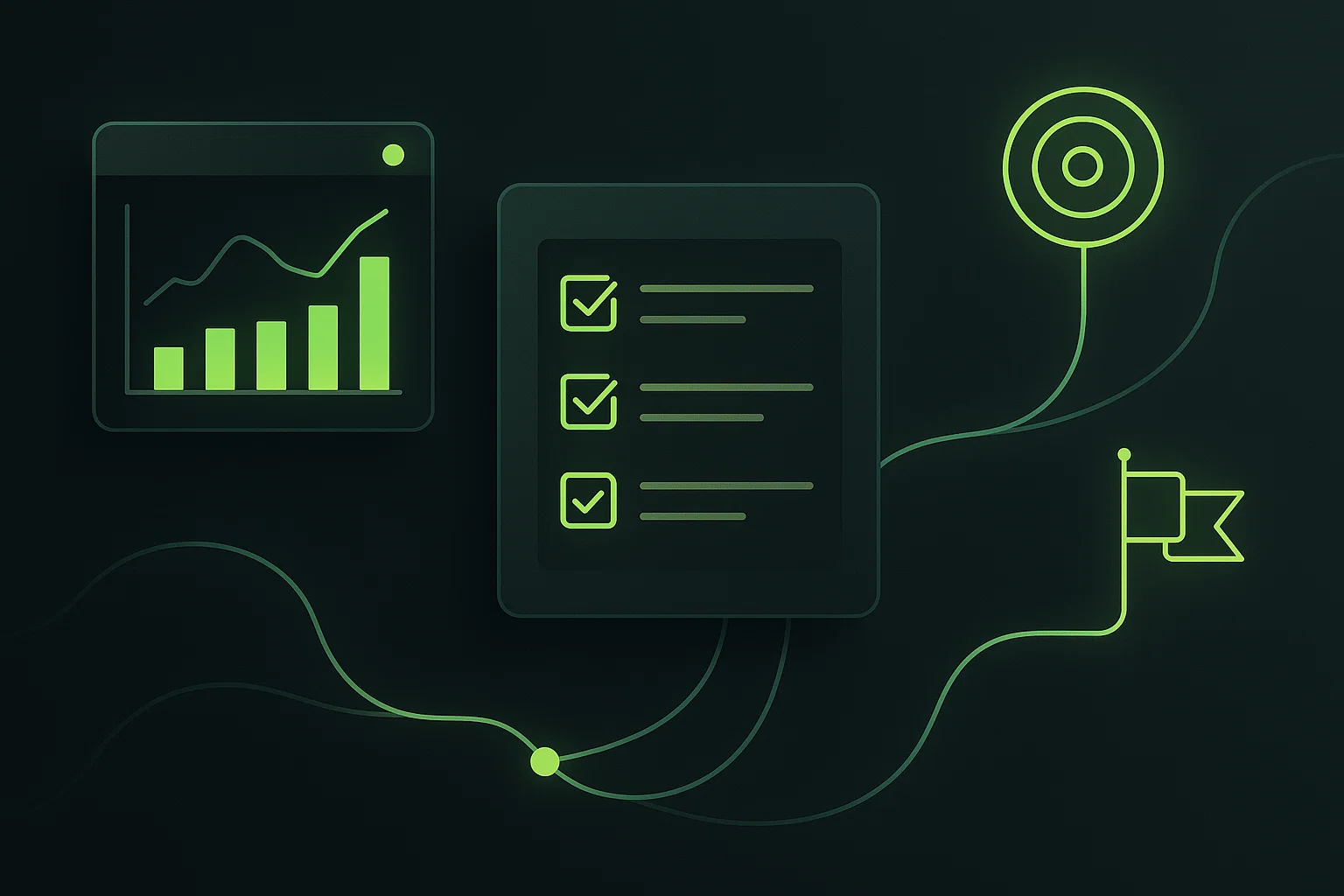Gráficos de barras, checklist y objetivos representados con iconos digitales en colores verdes sobre fondo oscuro