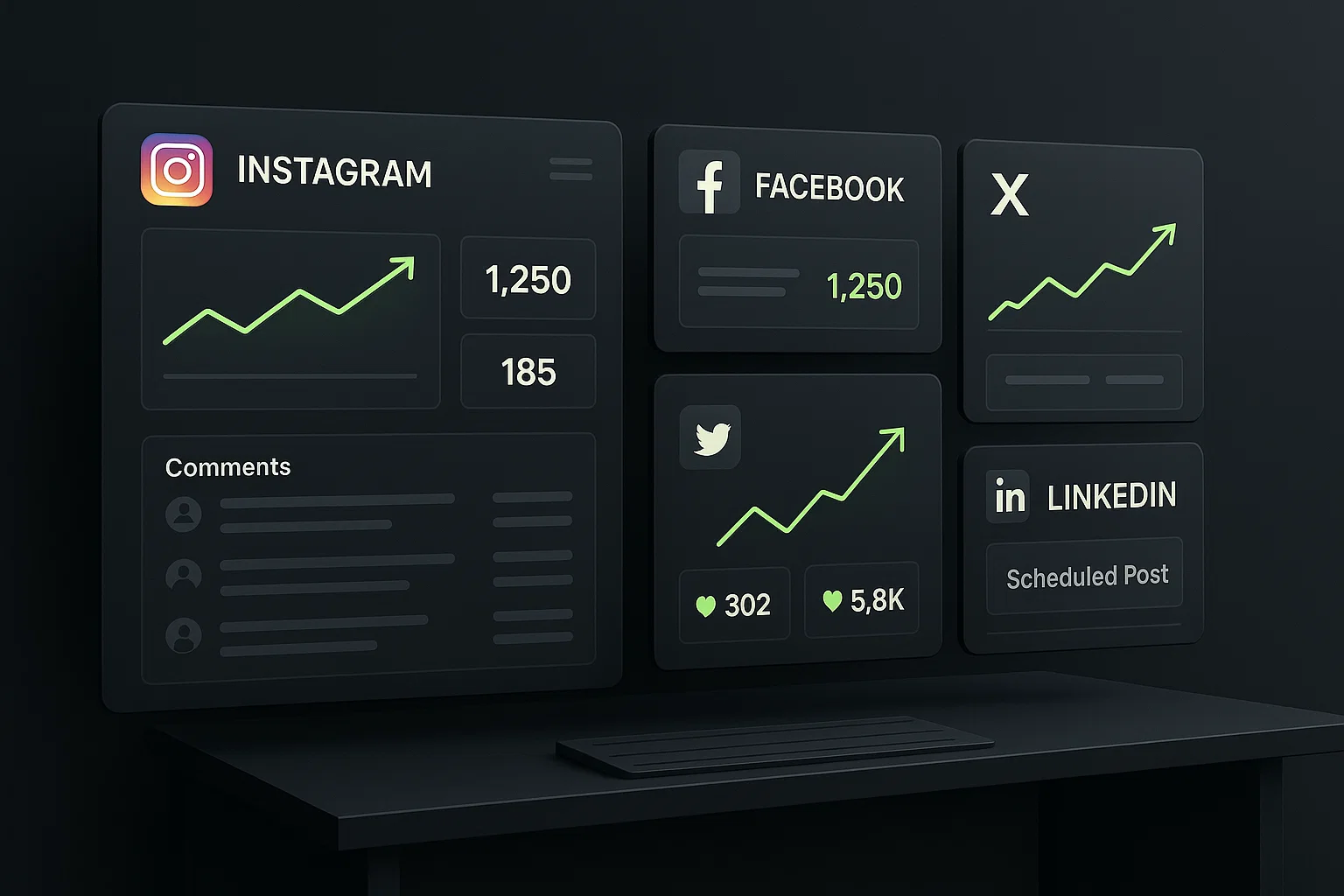 Panel digital con estadísticas de Instagram, Facebook, X, Twitter y LinkedIn mostrando métricas de crecimiento