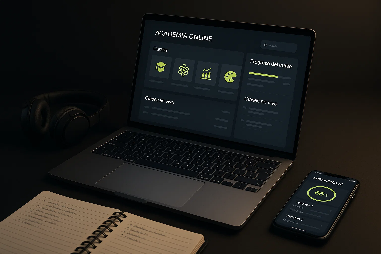 Academia online con cursos, clases en vivo y seguimiento de progreso en laptop y celular.