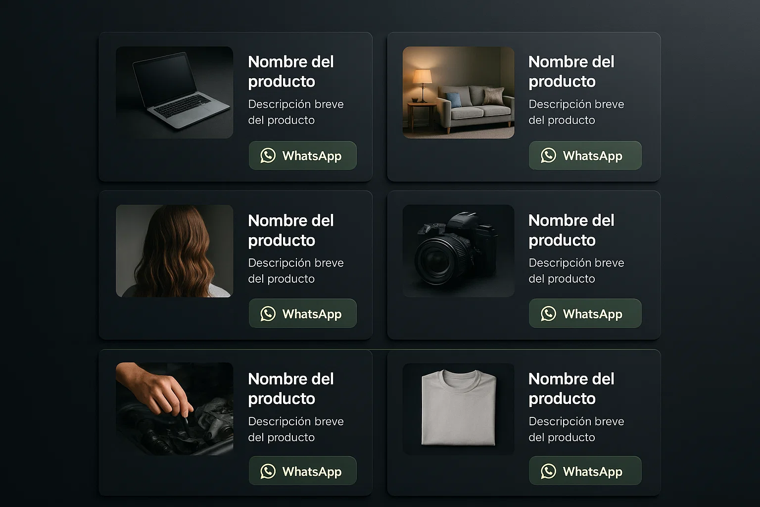 Catálogo de productos con imagen, nombre, descripción breve y botón de compra por WhatsApp.