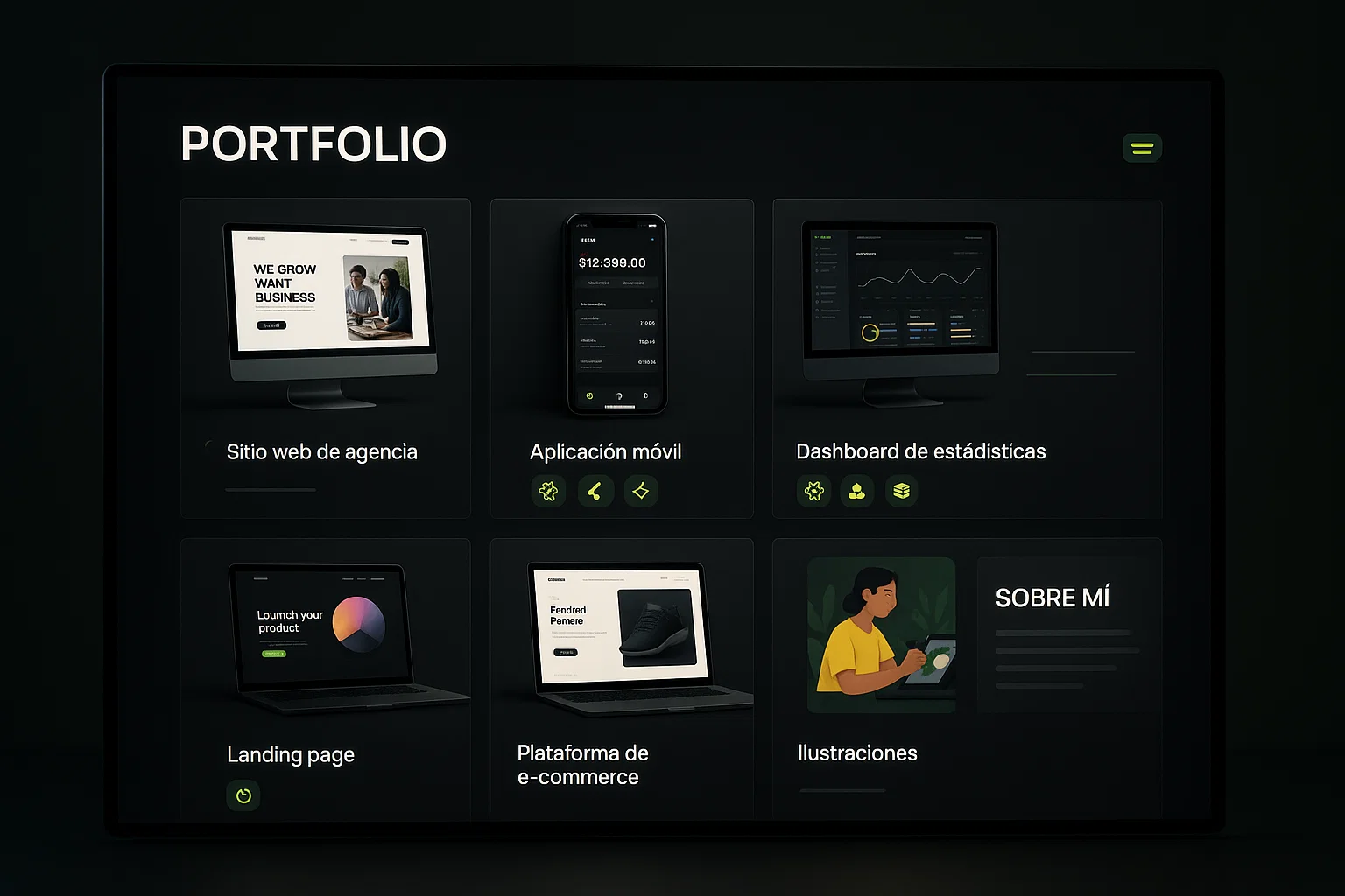 Captura del portfolio de Estudio Hologram mostrando ejemplos de proyectos: sitio web de agencia, aplicación móvil, dashboard, landing page, e-commerce e ilustraciones.